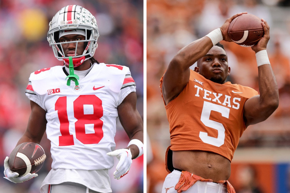 Marvin Harrison of Ohio State (l) and Bijan Robinson of Texas are two outstanding players that have performed well enough to receive a Heisman nod despite the trophy being generally awarded to quarterbacks.