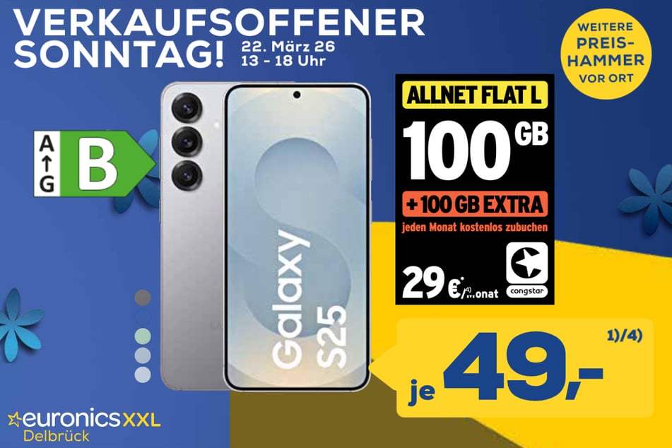 Samsung Galaxy S25 (1289 GB) für 49 Euro im Congstar-Vertrag "Allnet Flat L" für 29 Euro/Monat.