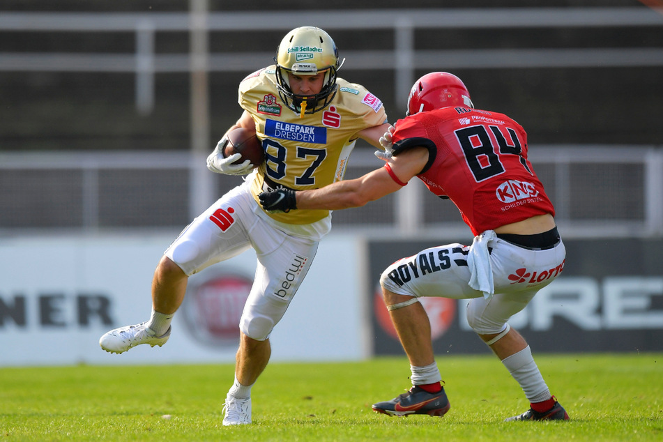 Mike Schallo (l.) gelang gegen Potsdam ein Touchdown. Er und seine Teamkollegen lieferten laut Coach Ulrich Däuber die beste Saisonleistung ab.