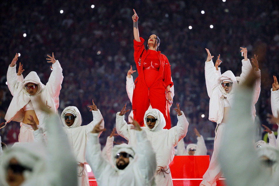 Rihanna performs during the Super Bowl LVII halftime show.