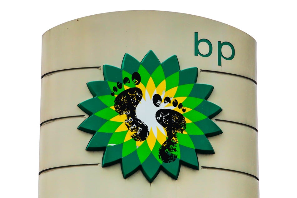 BP-owned gas station with 'Helios' logo. BP has its own massive carbon footprint. (image collage)
