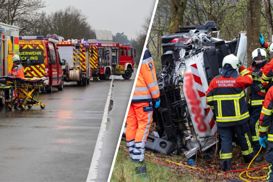 Lkw kracht gegen mehrere Bäume: Fahrer wird eingeklemmt und schwer verletzt