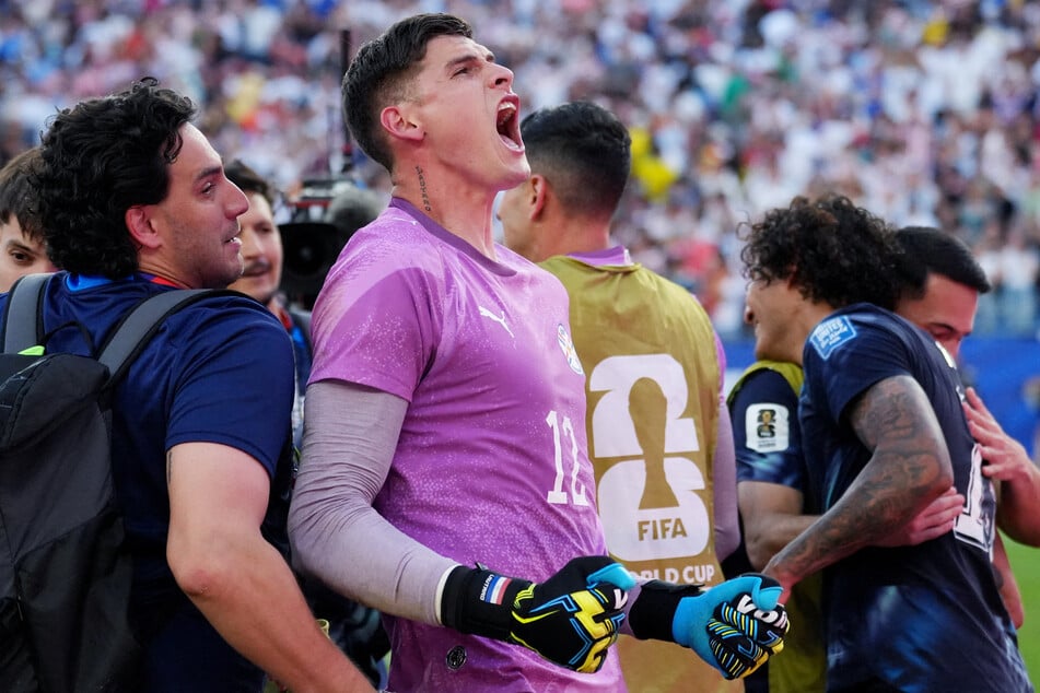 Orlando Gill celebrates winning the penalty shootout as Paraguay qualify for the round of 16 stage of the World Cup on June 29, 2026.