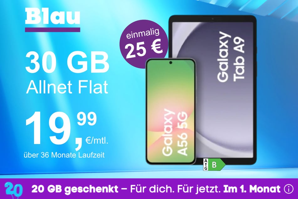 Das Samsung Galaxy A56 + Tab A9 im Blau Allnet L für einmalig 25 Euro.