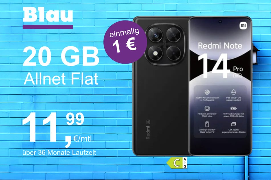 Das Xiaomi Redmi Note 14 Pro im Blau Allnet M für einmalig 1 Euro.
