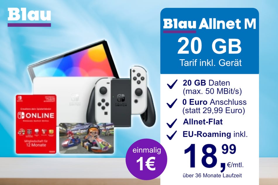 Die Nintendo Switch OLED + Mario Kart 8 im Blau Allnet M inkl. 20 GB für einmalig nur 1 Euro.