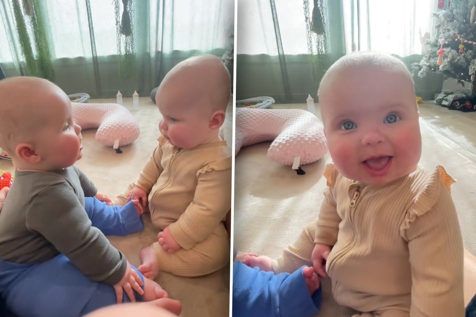 Der kleine Junge Asher (l.) und seine Schwester Nico sitzen sich im Video erstmals gegenüber. Nach einer Weile blickt Nico glücklich in die Kamera ihrer Mutter.