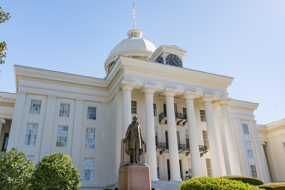 A statue of Confederate president Jefferson Davis stands outside the Alabama State Capitol in Montgomery.