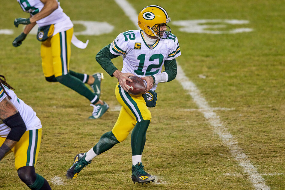 Green Bay Packers quarterback Aaron Rodgers mid-play during a game against the Chicago Bears earlier this year.