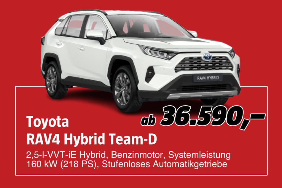 Toyota RAV4 Hybrid Team-D
ab 36.590 Euro. Abbildungen enthalten zum Teil aufpreispflichtige Sonderausstattungen. Nur solange der Vorrat reicht.