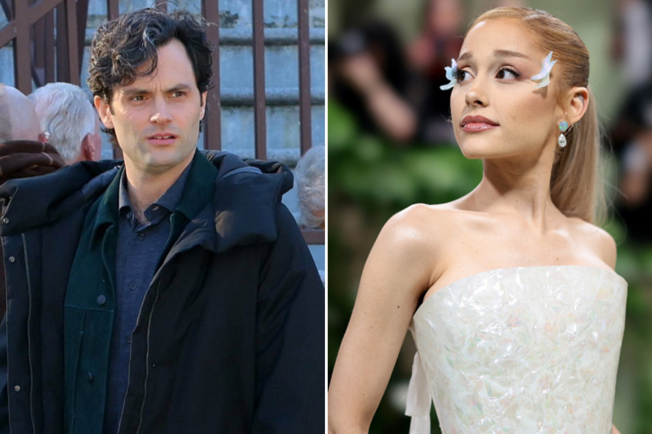 Ariana Grande (r.) seemingly revealed Penn Badgley as her love interest for her upcoming music video!