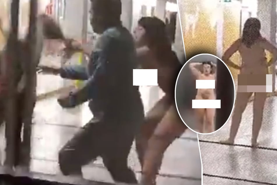 Schlimme Drogen: Nackte junge Frau rennt durch Flughafen und will Männer küssen