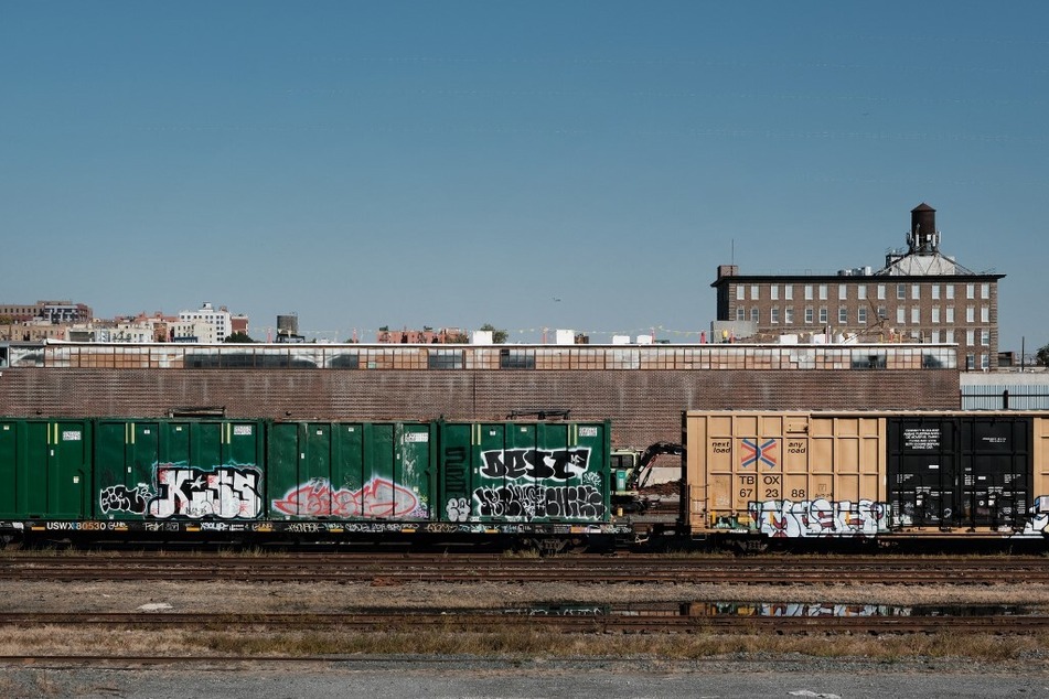 Trains sit at the CSX Oak Point Yard, a freight railroad yard in the Bronx borough of New York City.