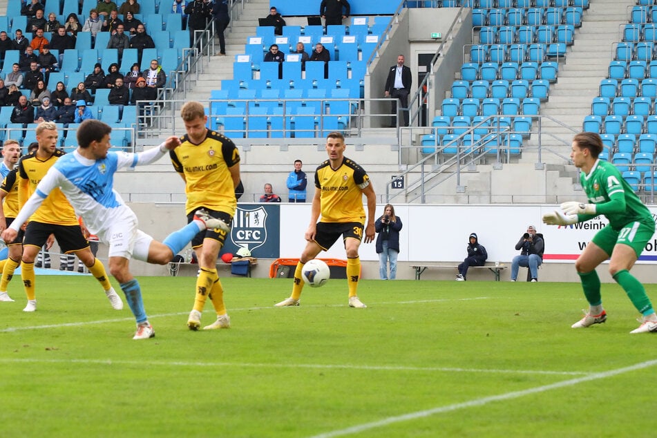 Ein Eigentor von Christoph Daferner (3.v.r.) stellte die Weichen auf Chemnitzer Sieg. Hinterher gab es von den Mitspielern keine Aufmunterung.