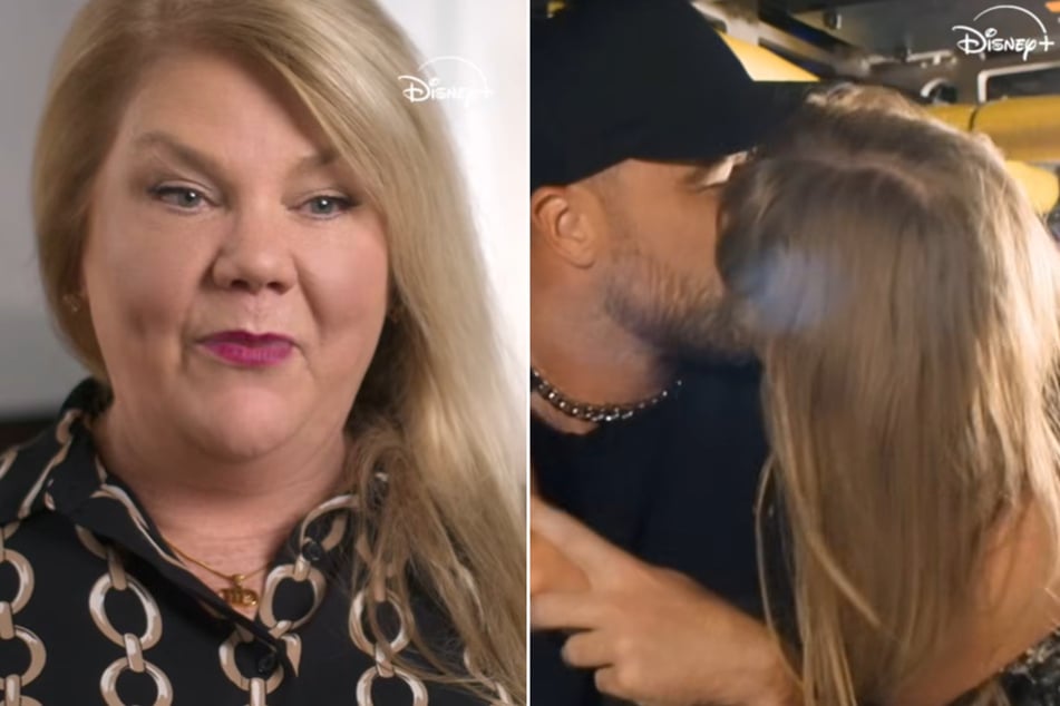 Taylor Swift's mom Andrea (l.) praised her daughter's fiancé Travis Kelce in the first official trailer for The Eras Tour docuseries.