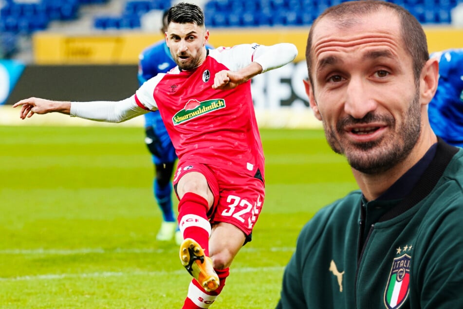 Freiburgs Vincenzo Grifo (28, l.) hält große Stücke auf seinen Landsmann, den Kapitän der italienischen Nationalmannschaft Giorgio Chiellini (36). (Fotomontage)