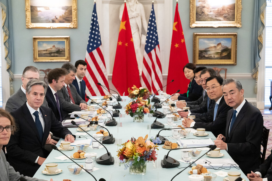 US Secretary of State Antony Blinken (L) and Chinese Foreign Minister Wang Yi (R) look on during a meeting at the US Department of State in Washington, DC, on October 27, 2023.