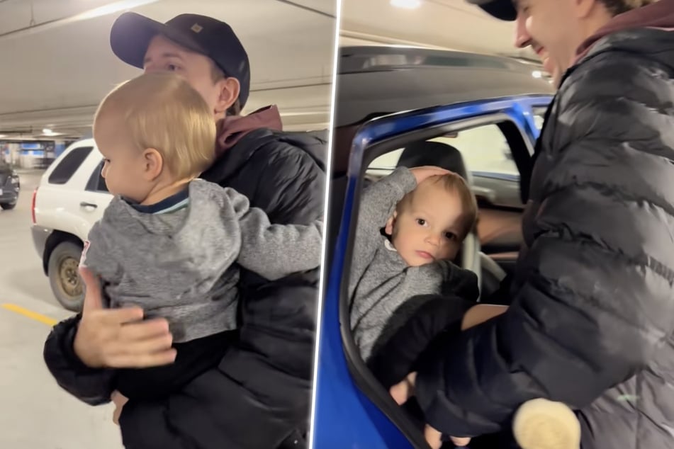 Leo schützte seinen Kopf, als Papa Curtis ihn ins Auto hob.