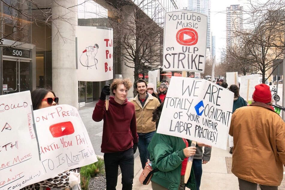 Subcontracted YouTube Music workers strike outside Google's office in Austin, Texas, on February 3, 2023.