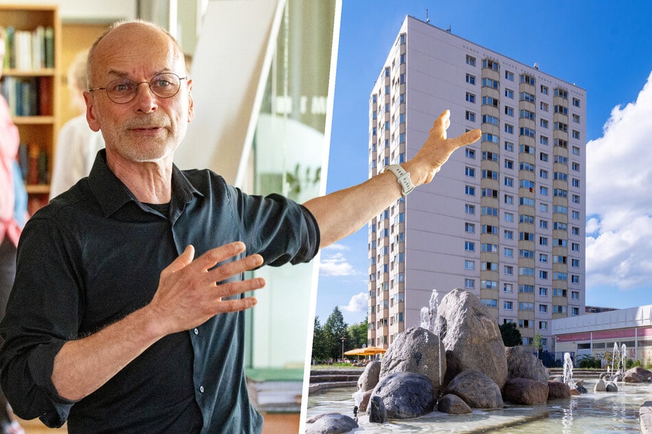 In der DDR wurde aus dem alten Dorfkern von Gruna ein Neubauviertel: Der 17-Geschosser am Brunnen wurde in den 1970er-Jahren gebaut. Stadtplaner Achim Hofmann (56) gefallen die Architektenentwürfe.