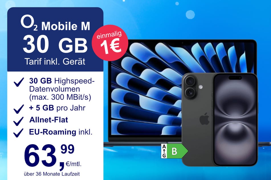 Das iPhone 16 + MacBook Air im o2 Mobile M für einmalig 1 Euro.