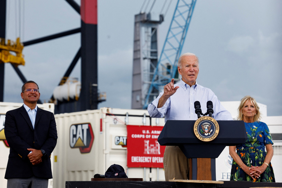 President Joe Biden (c.) delivered remarks alongside First Lady Jill Biden and Governor of Puerto Rico Pedro Pierluisi (l.) at Port of Ponce, Puerto Rico on Monday.