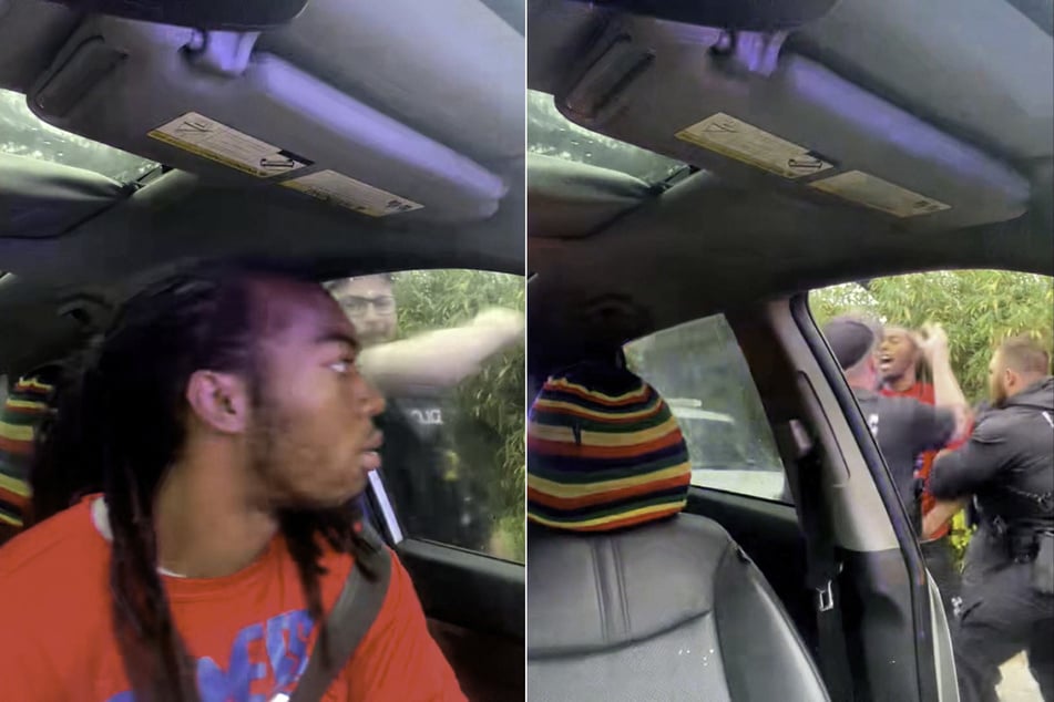 A police officer hits the window of a car occupied by William McNeil Jr. before forcibly dragging him from the vehicle in screenshots from a video of a February 19, 2025, traffic stop in Florida.