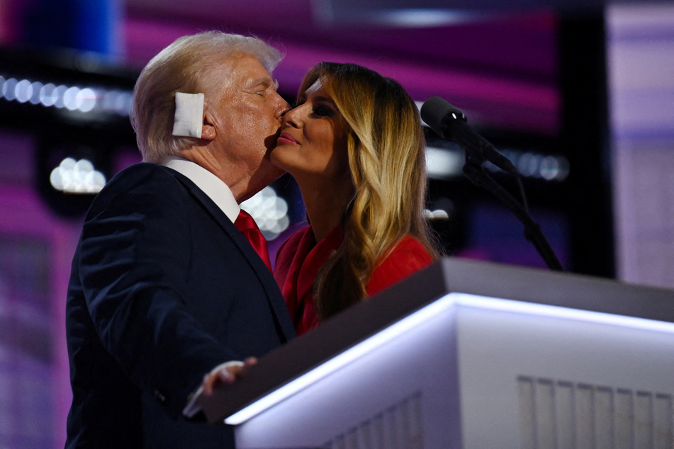 Donald Trump is joined on stage by his wife Melania after he finished giving his acceptance speech on Day 4 of the 2024 Republican National Convention.