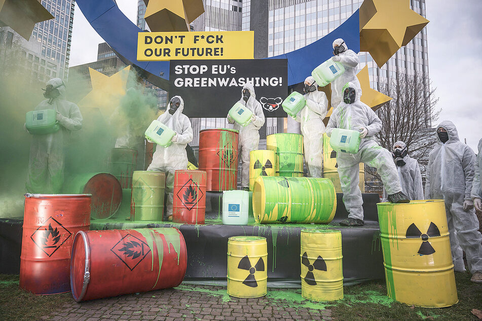 Activists protest the inclusion of natural gas and nuclear power as "green" before the EU's new rules were announced.