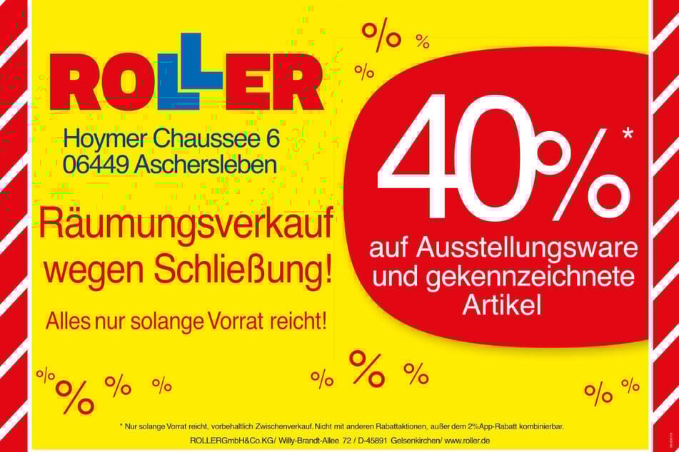 Während des Räumungsverkaufs bei ROLLER in Aschersleben warten jetzt 40 Prozent Rabatt¹ beim Möbelkauf.