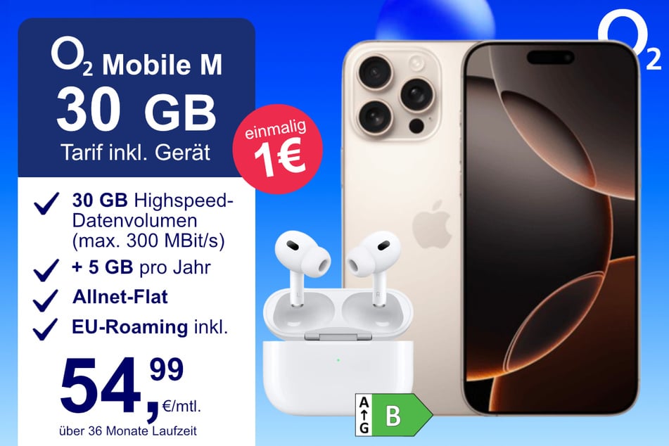 Das iPhone 16 Pro Max + AirPods Pro im o2 Mobile M für einmalig 1 Euro.