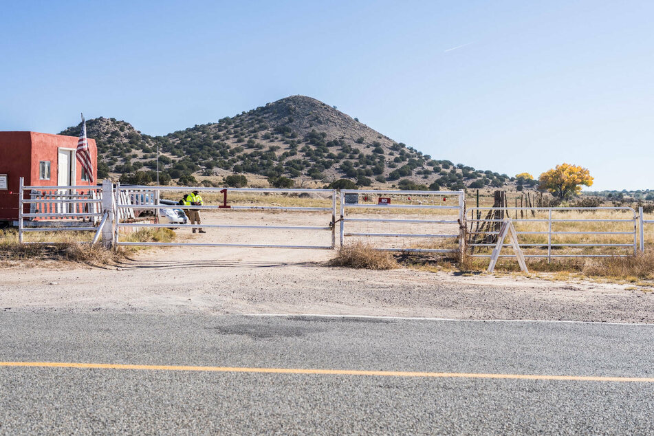 The entrance guarded by security to the Bonanza Creek Ranch, where an accident involving actor Alec Baldwin took place on October 21 that killed one crew member and injured another on the set of the movie Rust in New Mexico.