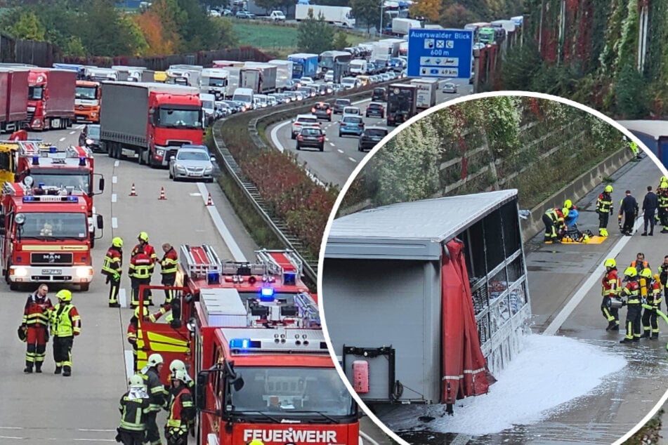 Unfall A4: Stau auf A4 bei Chemnitz: Lkw in Brand geraten