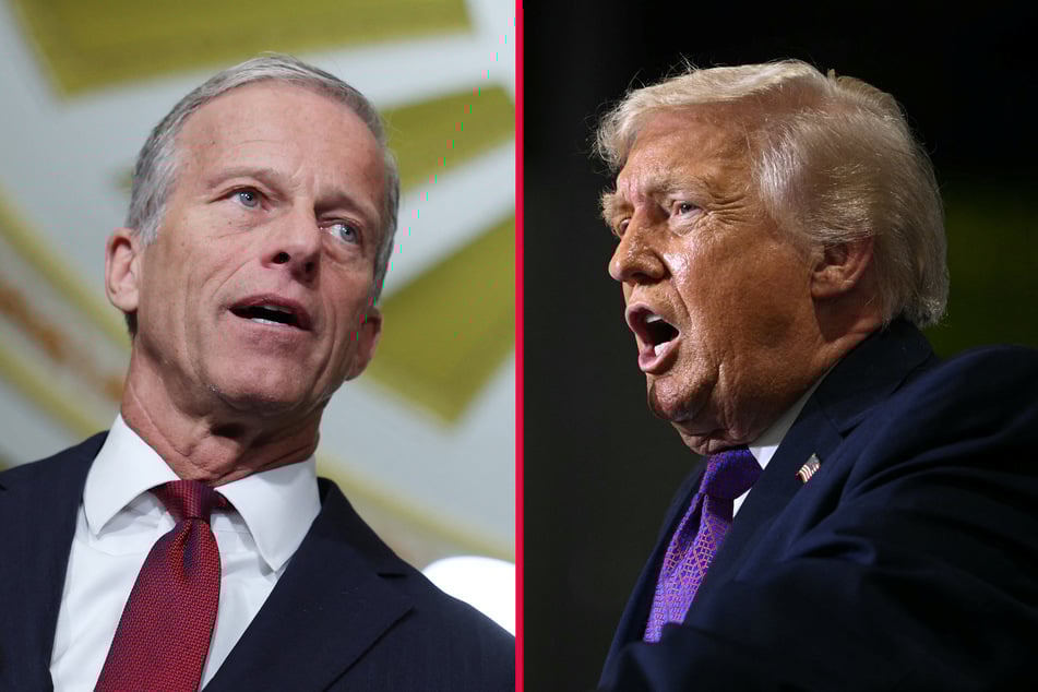 President Donald Trump (r.) criticized GOP Senate Majority Leader John Thune for refusing to alter filibuster rules to force a vote on the SAVE America Act.