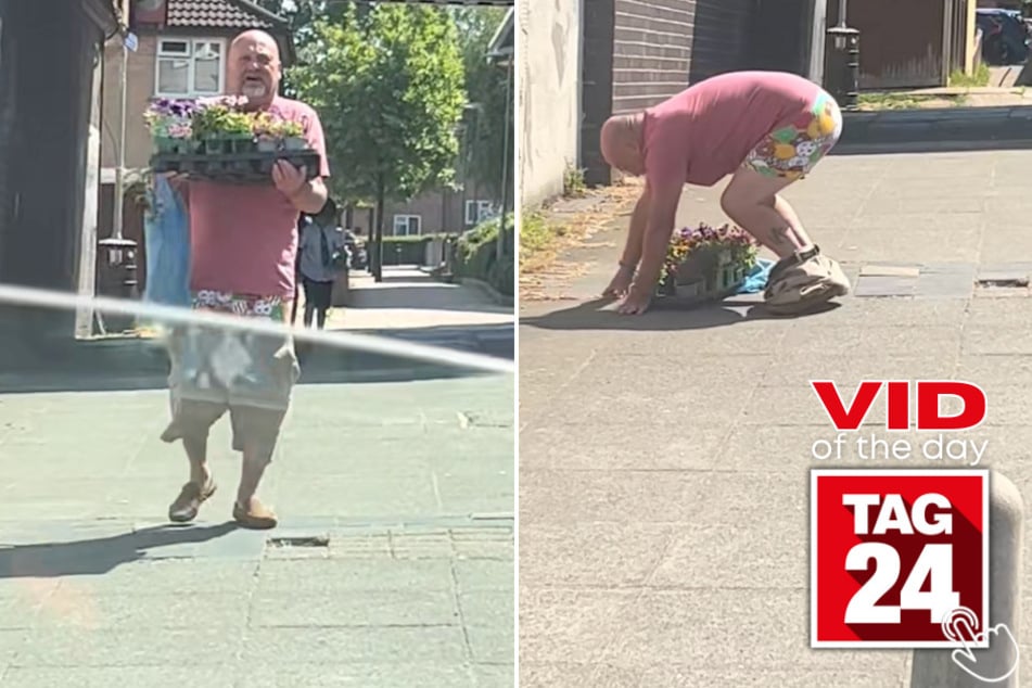 This man's pants straight-up ditched him while walking back to his car with a handful of flowers!