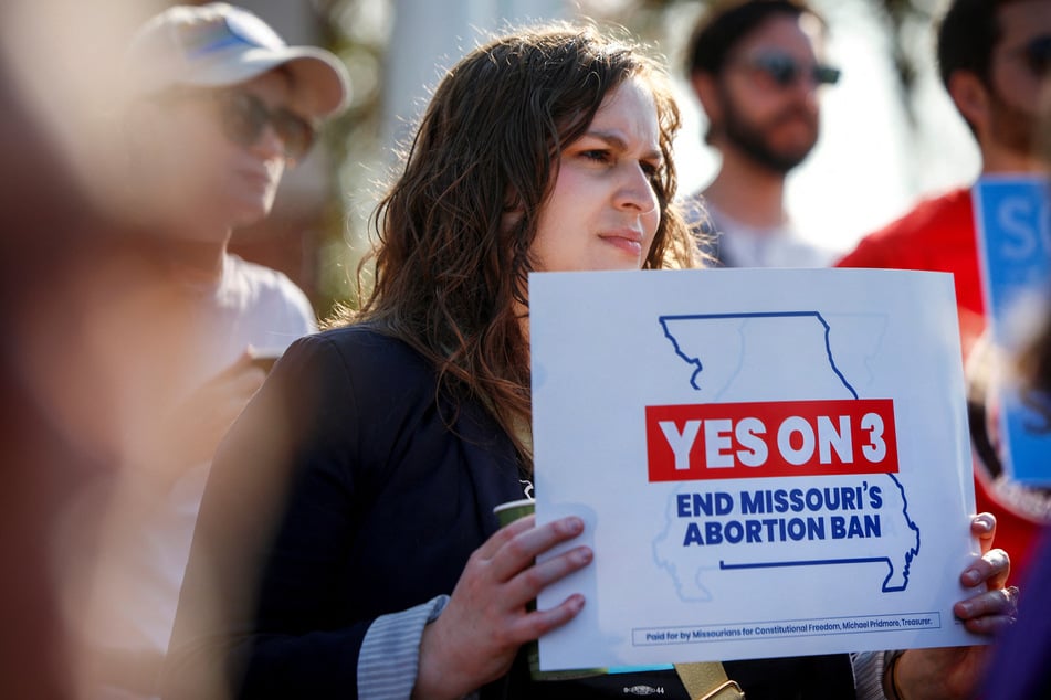 Rachel Sweet, campaign manager for Missourians for Constitutional Freedom, joins a rally at a UAW office in Kansas City in support of Amendment 3, which would establish a constitutional right to abortion in Missouri.