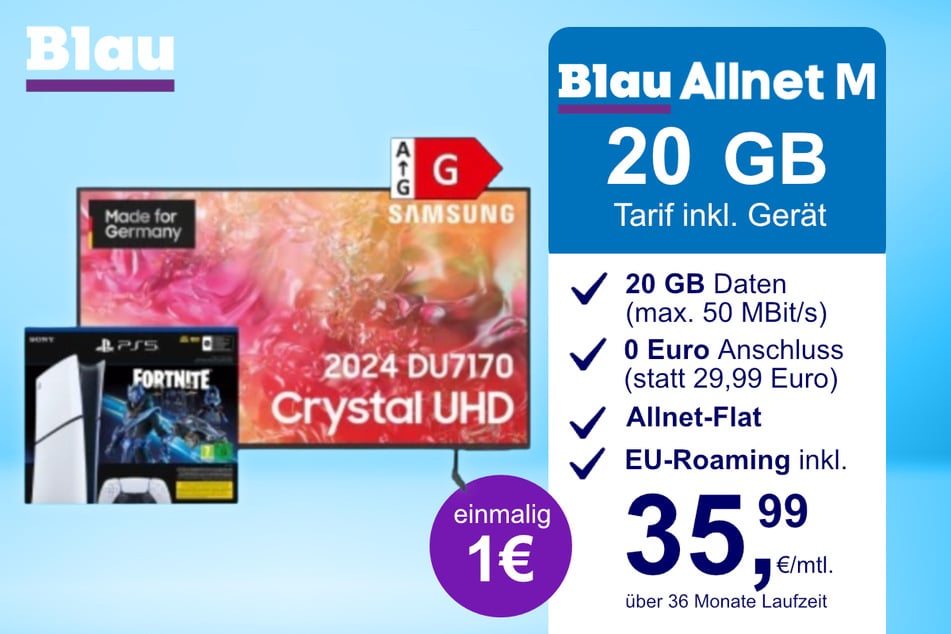 Der 65-Zoll Samsung-TV + PS5 Digital Slim Fortnite im Blau Allnet M inkl. 15 GB für einmalig nur 1 Euro.