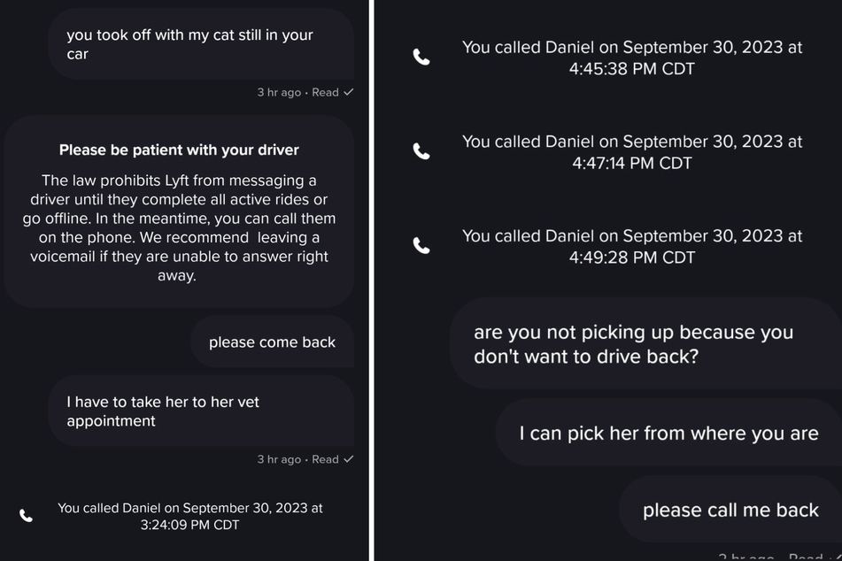 Screenshots von Pandeys Versuchen, den Lyft-Fahrer zu erreichen. Dieser meldete sich zwei lange Stunden nicht zurück.
