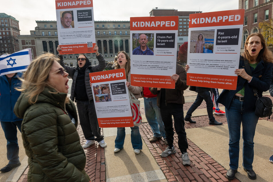 A pro-Israeli group demonstrated as Columbia University faculty eolds a protest in support of Palestine and for free speech on the Columbia University campus last month.