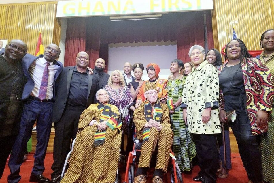 Viola Ford Fletcher and Hughes Van Ellis are joined by friends and supporters to celebrate their Ghanaian citizenship.