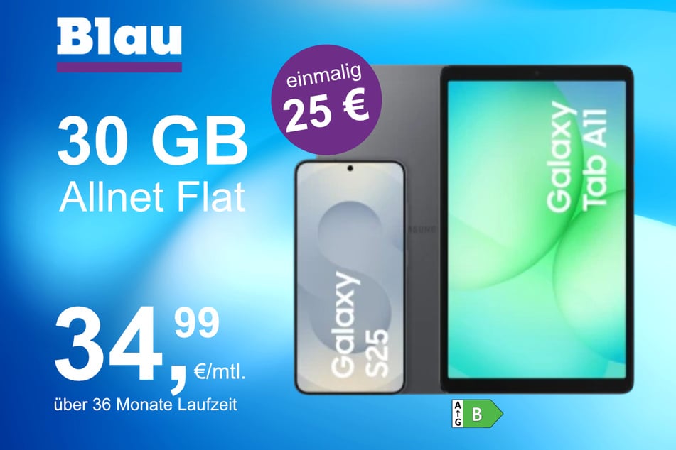 Das Samsung Galaxy S25 mit gratis Tab A11 im Blau Allnet L für einmalig 25 Euro.