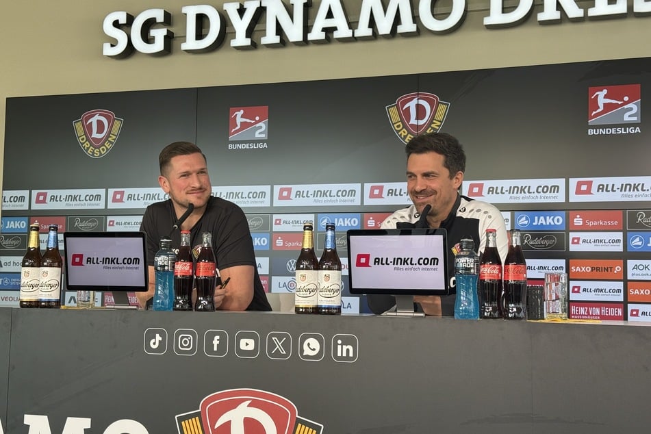 Auf der Pressekonferenz am Donnerstag bei Dynamo gab Trainer Thomas Stamm (42, r.) unter anderem Auskunft über die personelle Lage.
