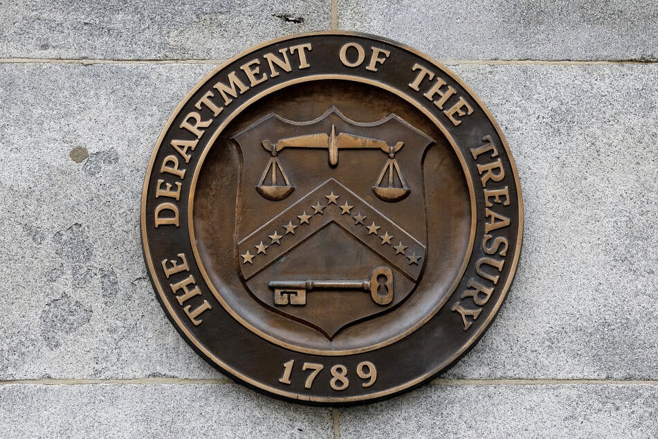 A seal on the exterior of the US Department of Treasury building on March 13, 2023 in Washington, DC.