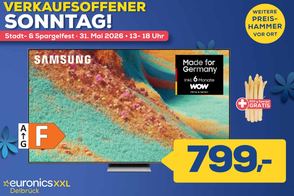 65-Zoll Samsung-Fernseher GQ65QN85FAU für 799 Euro (500 Gramm Spargel gratis).