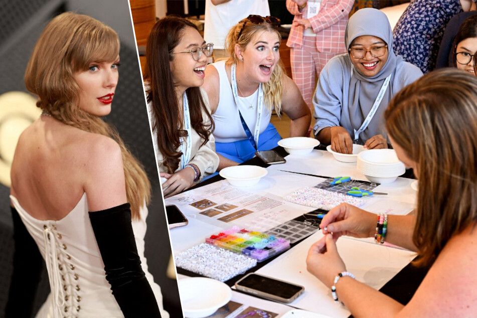 Attendees take part in a bracelet-making event during the Taylor Swift "Swiftposium" at the University of Melbourne on February 12, 2024.