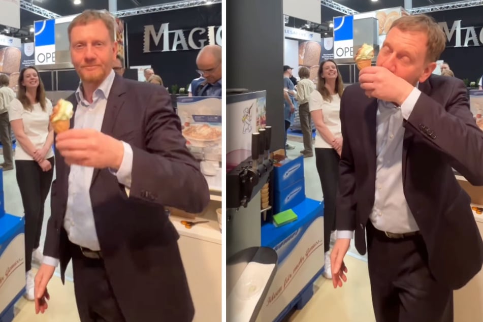 MP Michael Kretschmer (50, CDU) schaute am Samstag während der Fachmesse "Sachsenback" bei einem Eisstand vorbei und machte sich sogleich selbst ans Werk.