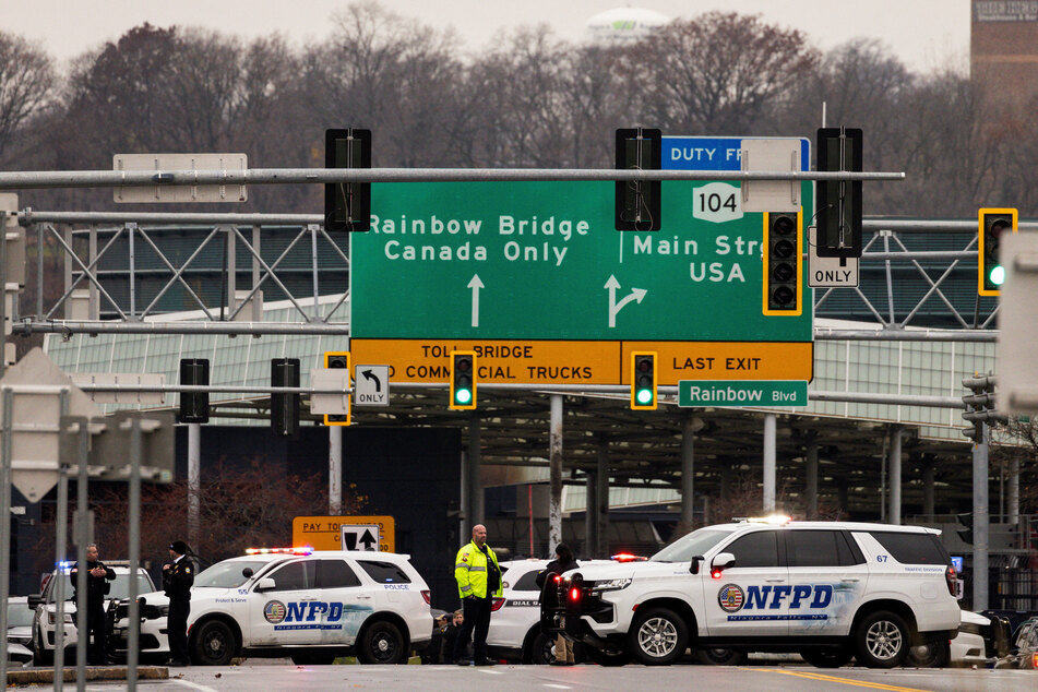 Police blockade roads after an explosion at the Rainbow Bridge US border crossing with Canada in Niagara Falls, New York.