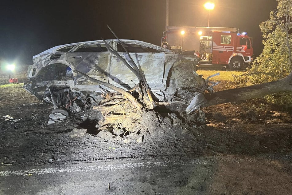 Der Wagen war zuvor mit voller Wucht gegen einen Baum gekracht und hatte diesen entwurzelt.