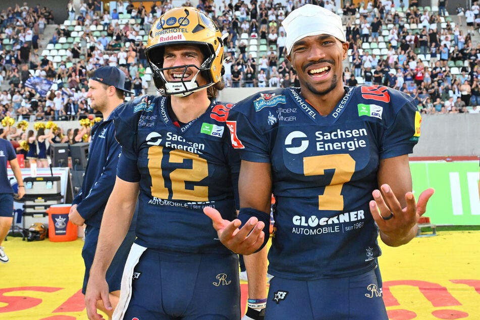 Das beste Offense-Duo der GFL: Quarterback Justin Miller (27, l.) und Receiver Tyler Hudson (25).