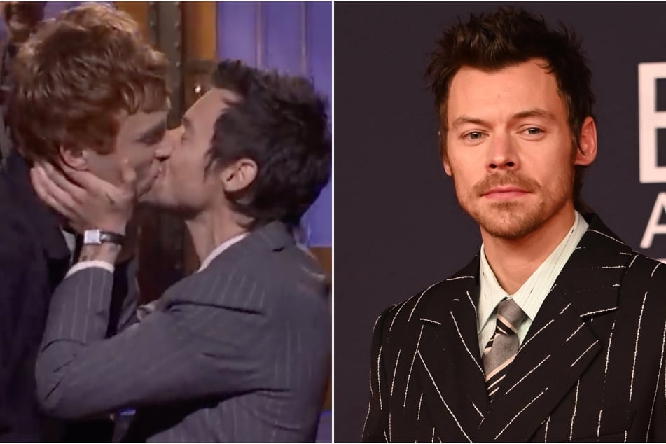 Harry Styles takes jab at "queerbaiting" accusations with Ben Marshall kiss on SNL
